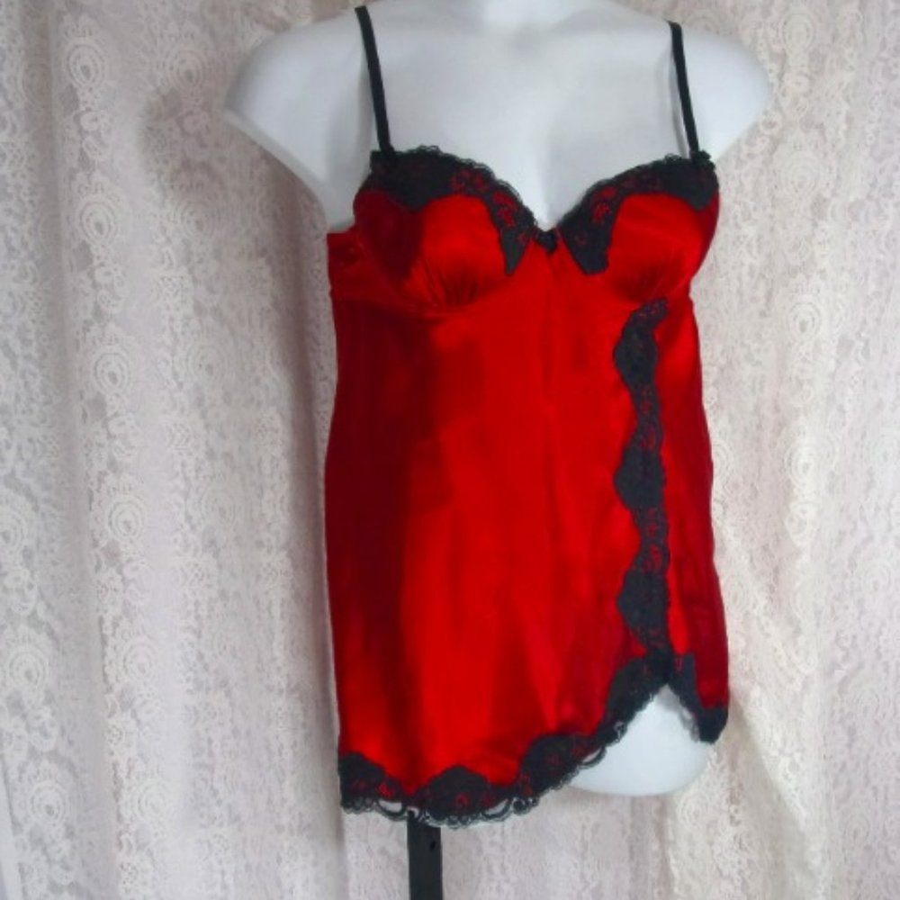 Wrap her Up Sexy Red Satin, Black Lace, Night Gown Push Up top Size L NWOT